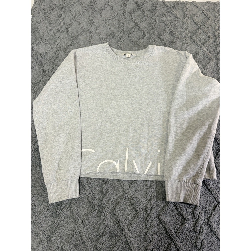 Calvin Klein Logo Cotton Blend Oversized Crop Sweatshirt Women's L Grey Crewneck